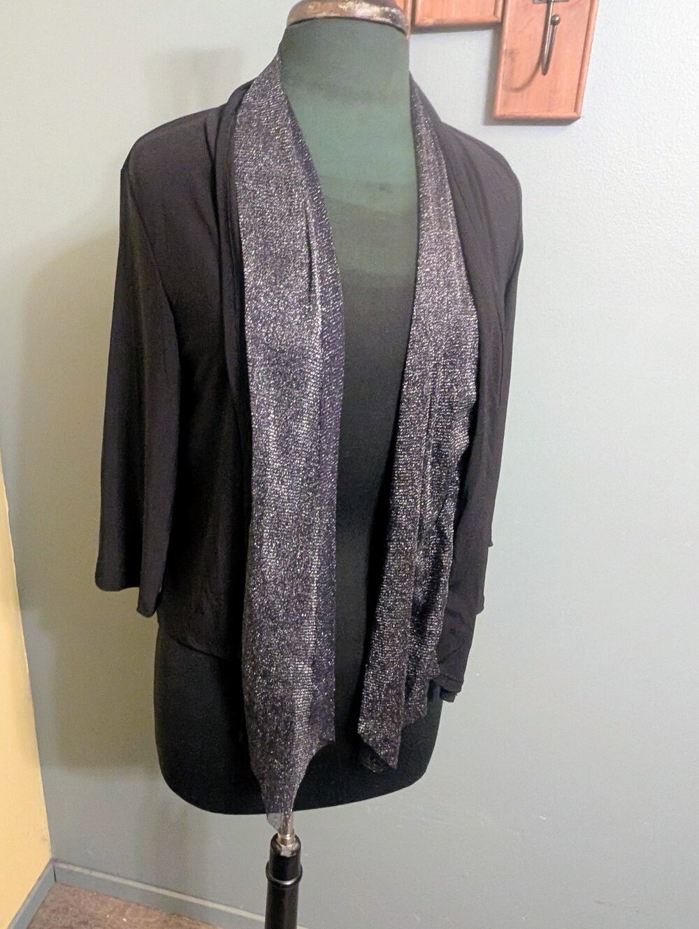 Nic & Dom Black Open-Front Cardigan Shrug with Shimmery Silver Trim